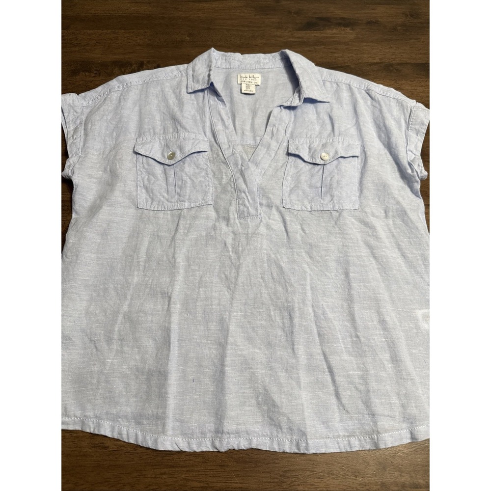 Nicole Miller New York 100% Linen V-Neck Popover Cap Sleeve Blouse Top Blue L